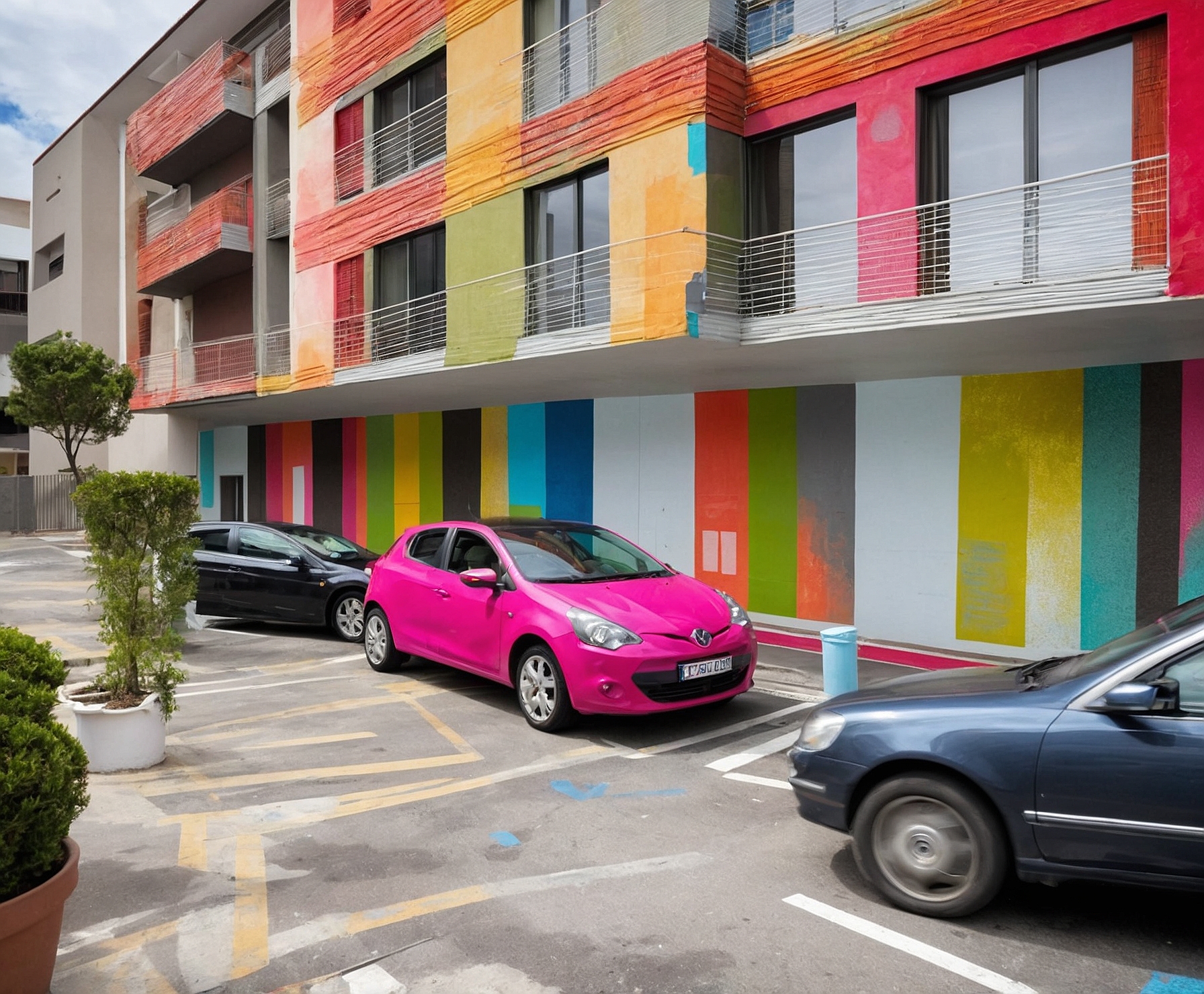 Parking transformado con colores vibrantes y duraderos