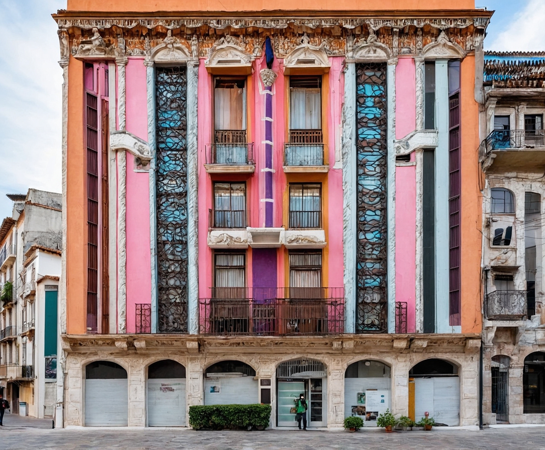 Fachada renovada con colores vibrantes en centro urbano